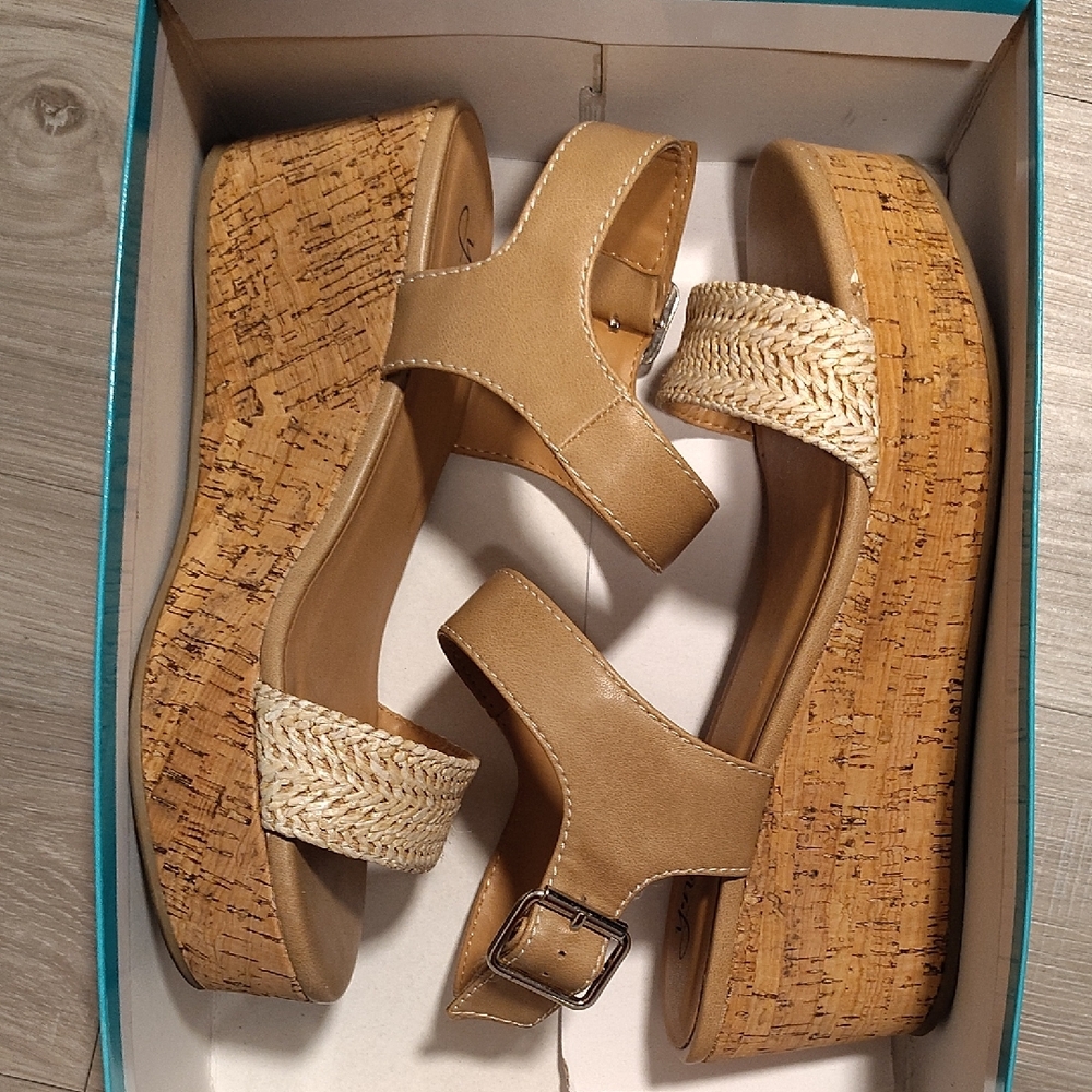 Tan Cork Wedge Sandals with Braided Strap